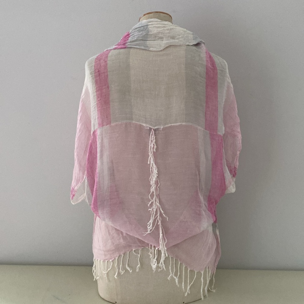 SUBTLE-LUXURY pink striped cover up w/ fringe. Linen cotton blend OS